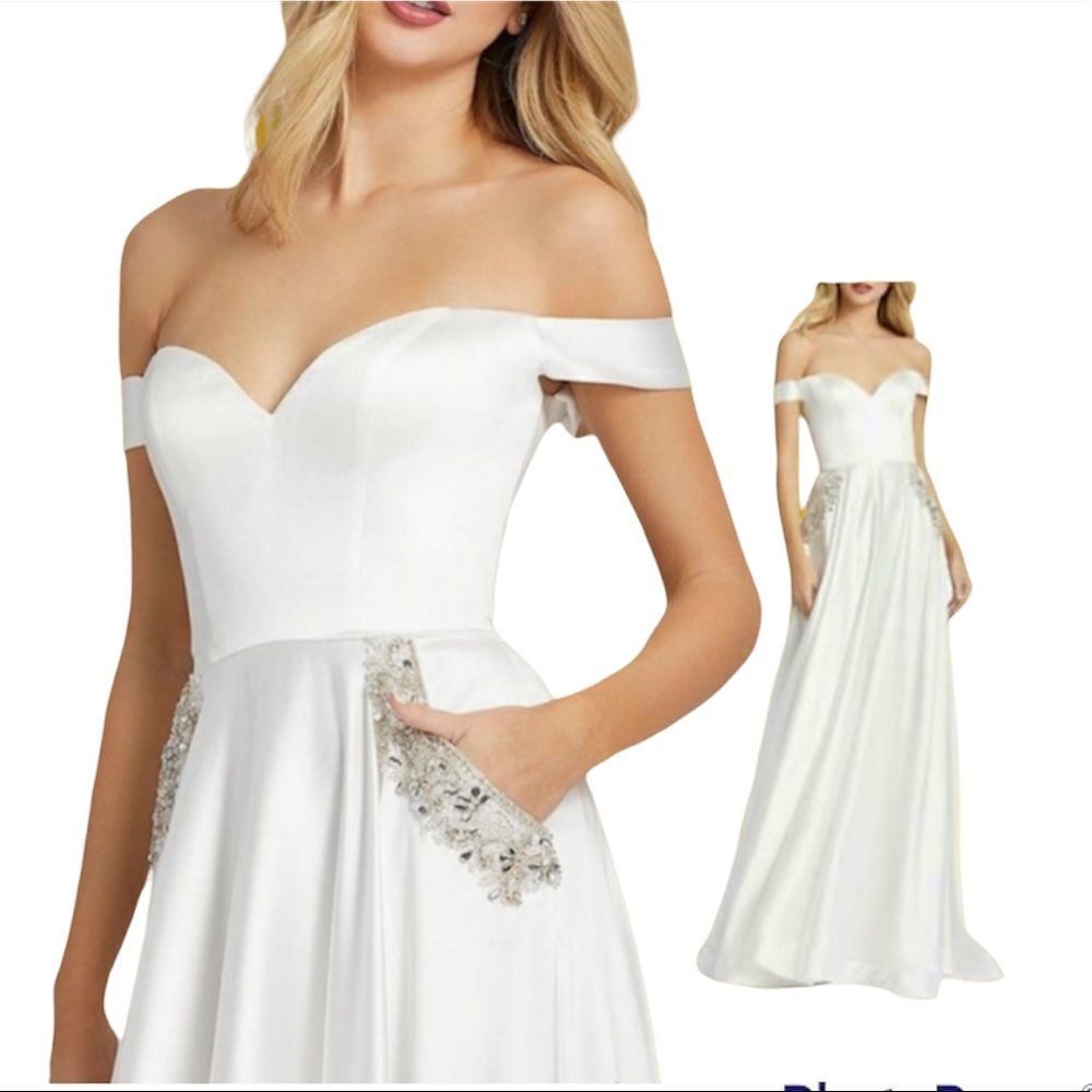 BRIDAL Gown Ieena for Mac Duggal OFF THE SHOULDER EMBELLISHED SATIN  Size 2 NWT